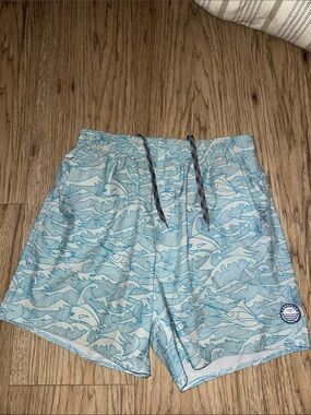 AFTCO Light Blue Wave & Marlin Print Swim Trunks M